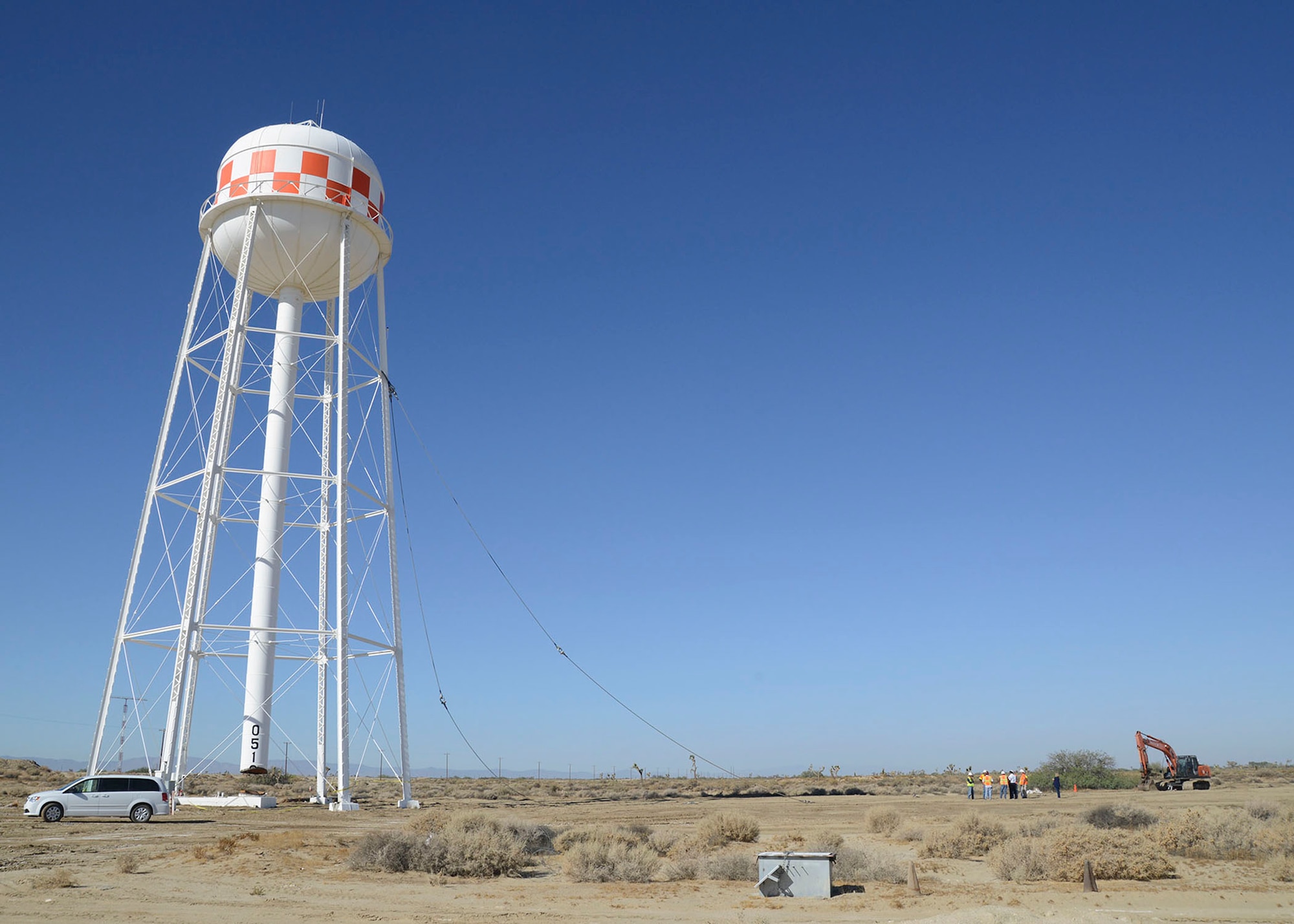 The South Base water tower located off of Mercury Blvd. and South Lancaster Blvd. before being brought down Sept. 16. (U.S. Air Force photo by Kenji Thuloweit) 

