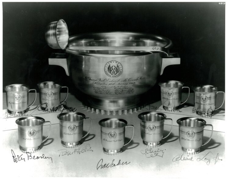 The Castle Coombe Mess punch bowl, or Eaker bowl, ladle and cups along with the signatures of the original group. (Courtesy photo)