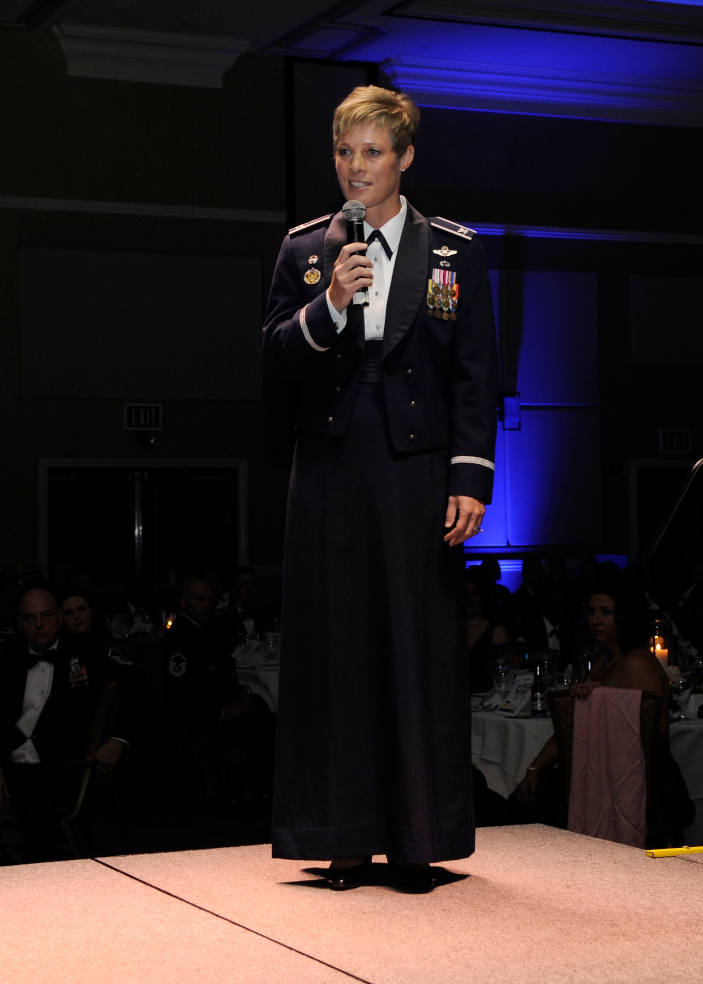 Col. Kristin Goodwin, 2nd Bomb Wing commander, gives opening remarks during the Air Force Birthday Ball at Sam's Town Hotel and Casino, Shreveport, La., Sept. 13, 2014. The ball featured music by Hailey Brooks, Bossier Parish Line, and was also celebrated with a cake-cutting, guest speaker Retired Air Force Gen. William Fraser, and concluded with dancing. (U.S. Air Force photo/Senior Airman Joseph A. Pagán Jr.)