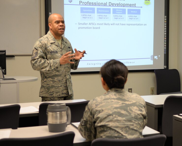 Master Sgt. Marquet Johnson, career assistance advisor, teaches Airmen the fundamentals of bullet writing on Barksdale Air Force Base, Sept. 9, 2014. The monthly course was designed to standardize Enlisted Performance Report writing across the 2nd Bomb Wing. (U.S. Air Force photo/Airman 1st Class Benjamin Raughton)