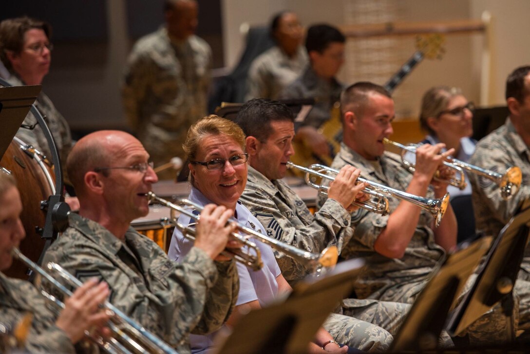 Brig. Gen. Kathleen Cook, Director of Public Affairs, Office of the Secretary of the Air Force, visited The USAF Band September 3rd, and enjoyed performances by all of our ensembles. She is pictured here sitting with the trumpet section of the Concert Band. General Cook began her Air Force career as a trumpeter! (U.S. Air Force photo by Senior Master Sgt. Kevin Burns/released)