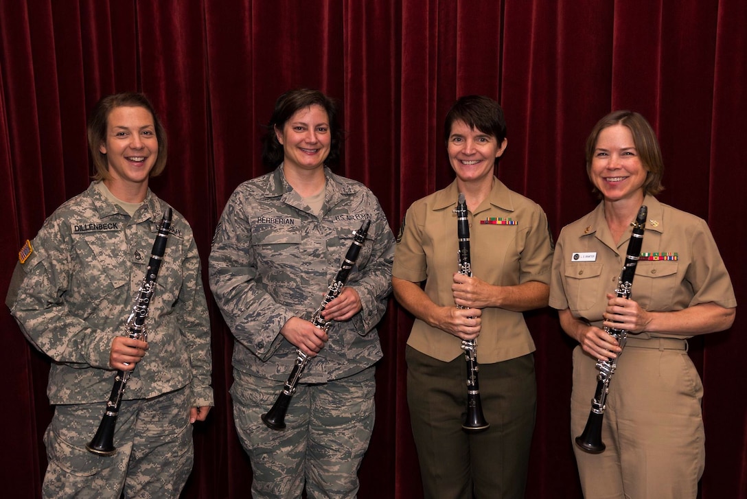 The Band's first Chamber Players Series performance took place at The Jewish Community Center of Greater Washington at 8 p.m on September 9. It featured a unique Armed Forces Clarinet Quartet. Pictured from left to right: SSG Marlena Dillenbeck from The United States Army Field Band- Concert Band & Soldiers' Chorus, TSgt Ani Berberian, from The United States Air Force Band, GySgt Tracey Paddock, from "The President's Own" United States Marine Band, and MUCS Laura Gantier, from The United States Navy Band. (U.S. Air Force photo by Senior Master Sgt. Kevin Burns/released).
