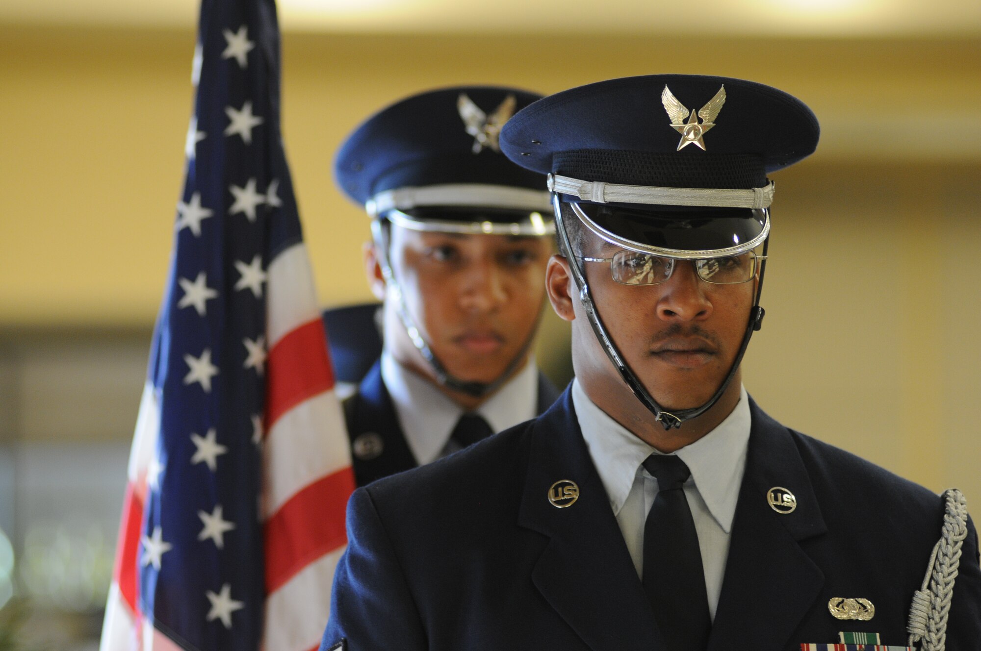 Members of the Keesler Honor Guard prepare to post the colors during the promotion ceremony for Maj. Gen. Mark Brown, 2nd Air Force commander, Sept. 12, 2014, at the Bay Breeze Event Center, Keesler Air Force Base, Miss. General Robin Rand, Air Education and Training Command commander was the officiating officer for the event. (U.S. Air Force photo by Kemberly Groue)