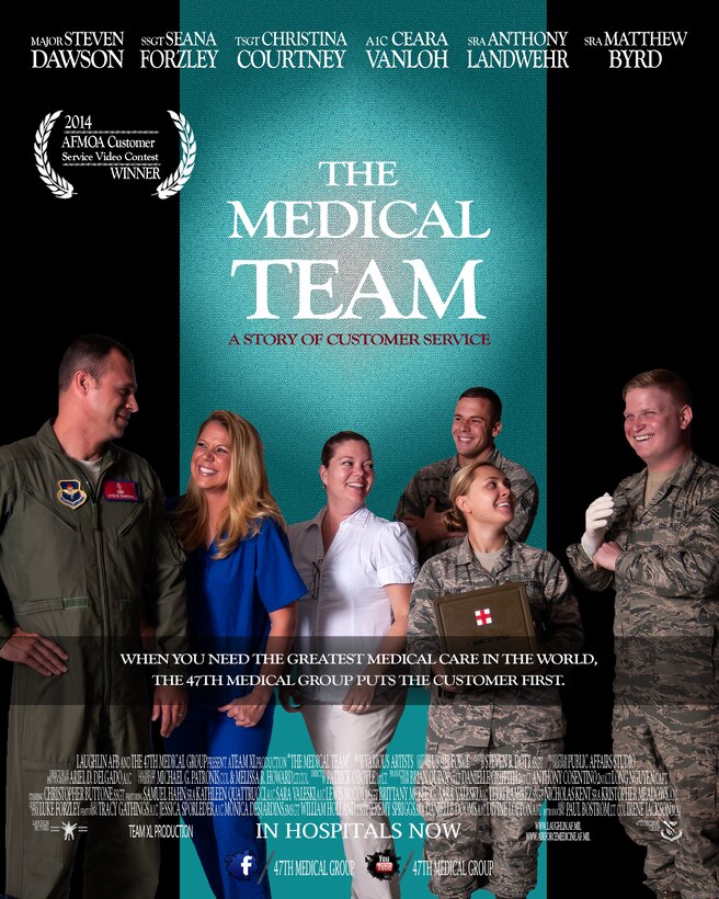 This photo illustration features 47th Medical Group Airmen who played roles in a customer service video on Laughlin Air Force Base, Texas. The 47th Medical Group placed first in the Air Force Medical Operations Agency Air Force-wide video competition, where agencies were challenged to highlight the importance of customer service with installation medical facilities. (U.S. Air Force illustration by Staff Sgt. Steven R. Doty)(U.S. Air Force photo by Airman 1st Class Ariel D. Delgado)(Released)