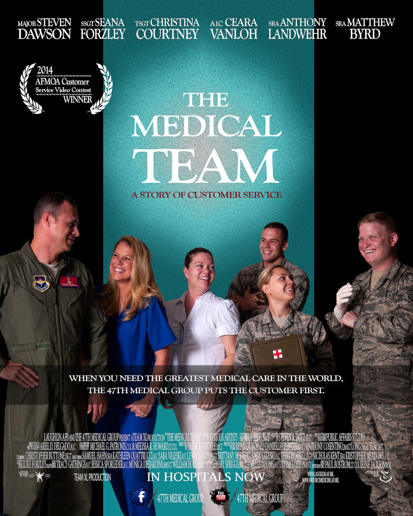 This photo illustration features 47th Medical Group Airmen who played roles in a customer service video on Laughlin Air Force Base, Texas. The 47th Medical Group placed first in the Air Force Medical Operations Agency Air Force-wide video competition, where agencies were challenged to highlight the importance of customer service with installation medical facilities. (U.S. Air Force illustration by Staff Sgt. Steven R. Doty)(U.S. Air Force photo by Airman 1st Class Ariel D. Delgado)(Released)