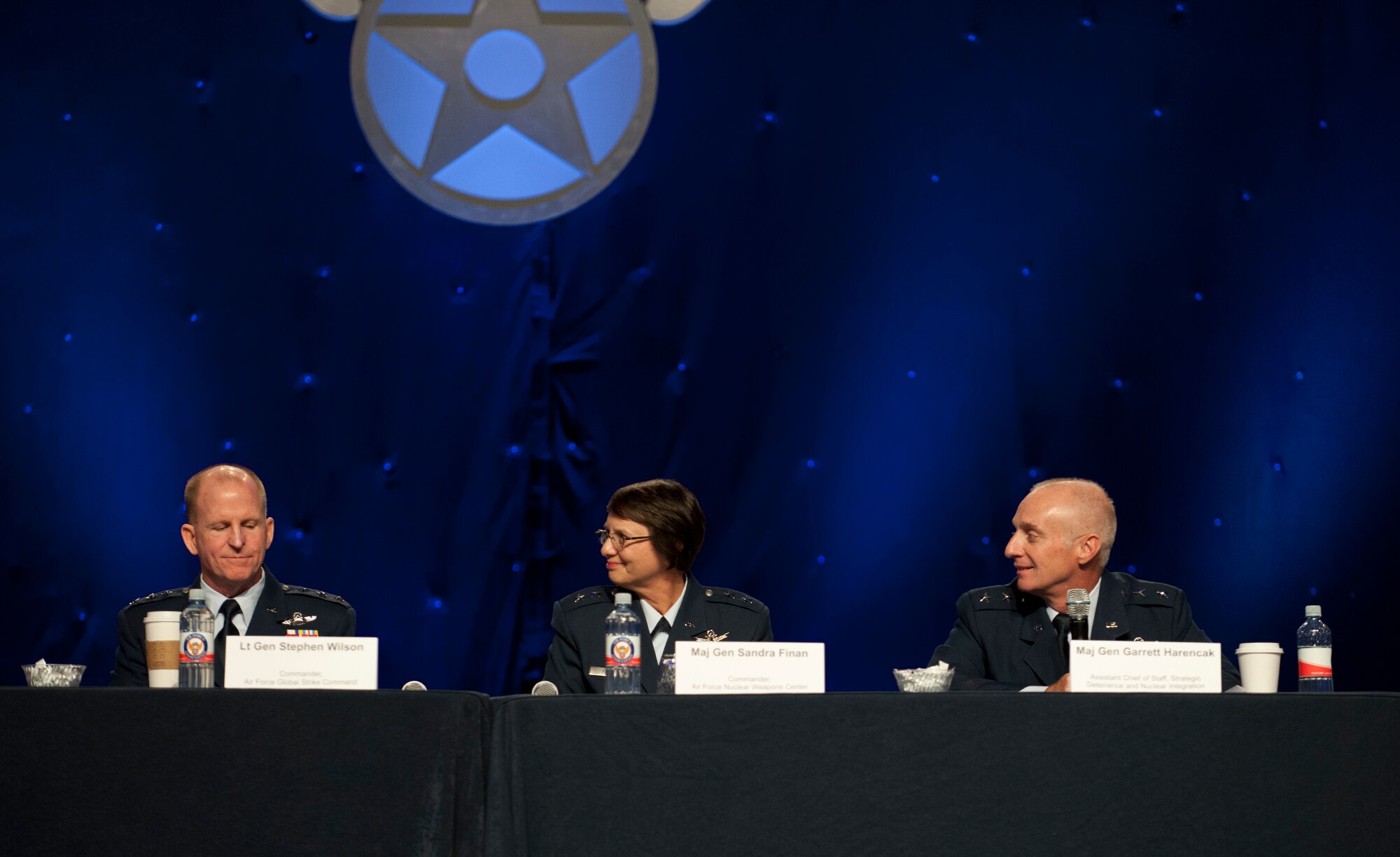 The Nuclear Enterprise Panel members address questions asked by the audience during the Air Force Association Air and Space Conference and Technology Exposition, Washington, D.C., Sept. 16. Panel members included (from left) Lt. Gen. Stephen Wilson, Air Force Global Strike Command commander,   Maj. Gen. Sandra Finen, Air Force Nuclear Weapons Center commander, Kirtland Air Force Base, N.M., Maj. Gen. Garrett Harencak, Assistant Chief of Staff for Strategic Deterrence and Nuclear Integration, Headquarters U.S. Air Force. (U.S. Air Force Photo by Staff Sgt. Carlin Leslie/Released)
