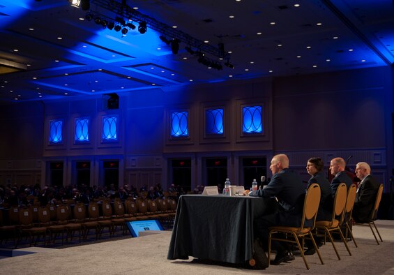 The Nuclear Enterprise Panel members address questions asked by the audience during the Air Force Association Air and Space Conference and Technology Exposition, Washington, D.C., Sept. 16. Panel members included (from left) Maj. Gen. Garrett Harencak, Assistant Chief of Staff for Strategic Deterrence and Nuclear Integration, Headquarters U.S. Air Force, Lt. Gen. Stephen Wilson, Air Force Global Strike Command commander, Maj. Gen. Sandra Finen, Air Force Nuclear Weapons Center commander, Kirtland Air Force Base, N.M. (U.S. Air Force Photo by Staff Sgt. Carlin Leslie/Released)