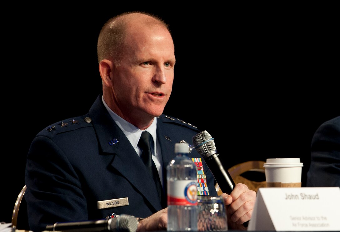 Lt. Gen. Stephen Wilson, Air Force Global Strike Command commander, speaks at the The Nuclear Enterprise panel during the Air Force Association Air and Space Conference and Technology Exposition, Washington, D.C., Sept. 16. Wilson spoke on the way ahead for Global Strike Command and the integration of the Force Improvement Program command-wide, meeting the needs of Airmen in different areas, from quality of life to administrative actions. (U.S. Air Force Photo by Staff Sgt. Carlin Leslie/Released)
