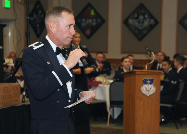 Col. Tom Wilcox, 341st Missile Wing commander, makes closing remarks during the 2014 Air Force Ball Sept. 13 at the Grizzly Bend. Wilcox reiterated the night’s theme of “Land of the Free, Because of the Brave” by thanking not only those who serve in uniform but also the family and loved ones who support them. (U.S. Air Force photo/Airman 1st Class Joshua Smoot)