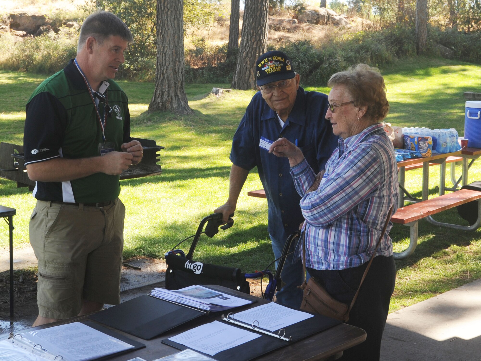 Jim O’Connell, the 92nd Air Refueling Wing historian, speaks with attendees of the 92nd U.S. Army Air Forces/U.S. Air Force Memorial Association barbecue at Medical Lake, Washington, Sep. 14, 2014. The event was an opportunity for members of the wing from different eras to share their experiences. (U.S. Air Force photo by Airman 1st Class Sam Fogleman/Released)