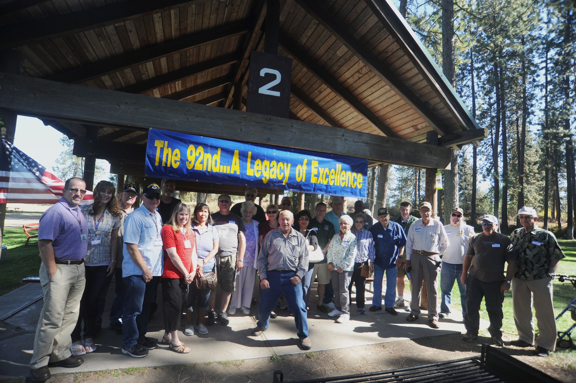 Veterans of the 92nd Air Refueling Wing pose for a photo at Waterfront Park at Medical Lake, Washington, Sep. 14, 2014. The past and present service members were gathered for the third annual barbecue of the 92nd U.S. Army Air Forces/U.S. Air Force Memorial Association. (U.S. Air Force photo by Airman 1st Class Sam Fogleman/Released)