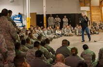 Guest speaker Michael Gershe speaks to the Civil Engineer Squadron on Minot Air Force Base, N.D., Sept. 12, 2014. Gershe gave a presentation called The Magic of Life, which is an alcohol awareness and anti-drunk driving program. Gershe performed multiple times at the base theater throughout the week and also hosted an educational program geared toward middle school and high school kids. (U.S. Air Force photo/Airman 1st Class Apryl Hall)
