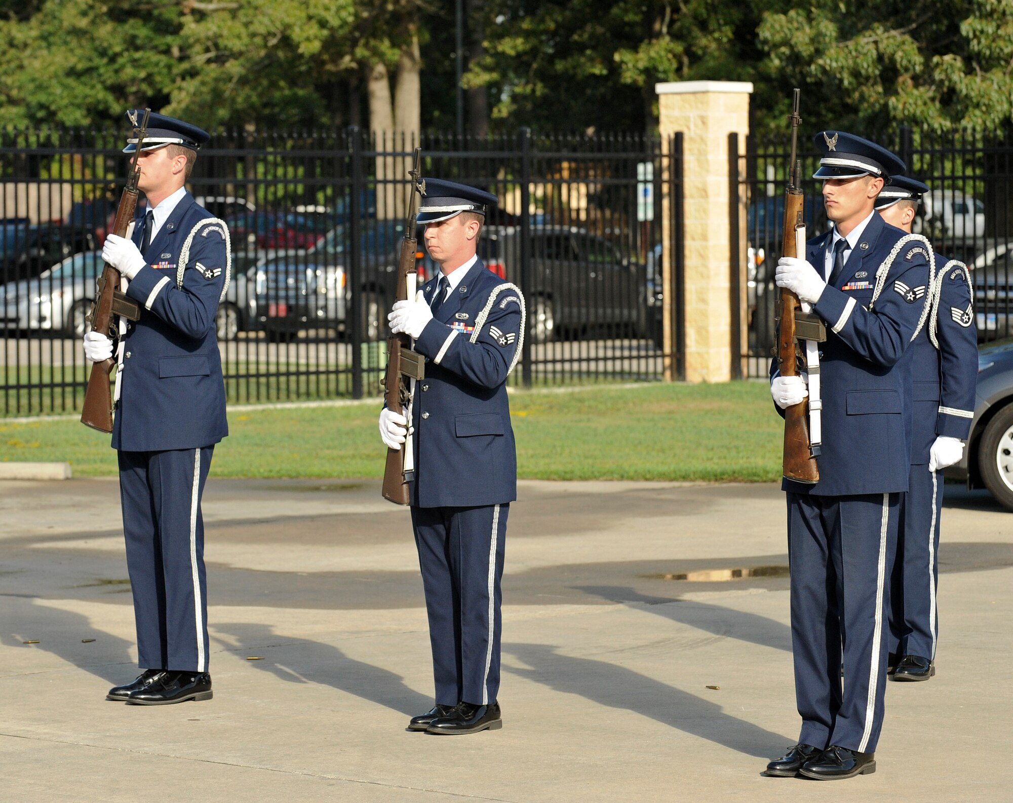 The 4th Fighter Wing Honor Guard conducts a firing party during the 9/11 Remembrance Ceremony at Seymour Johnson Air Force Base, North Carolina, Sep. 11. The event, hosted by the 4th FW Honor Guard, 4th Civil Engineer Squadron and the 4th Security Forces Squadron, featured narrators recounting the sequence of events on 9/11, a firing party, and moments of silent reflection, paying homage to the lives lost on 9/11. (U.S. Air Force photo/Airman 1st Class Aaron Jenne)