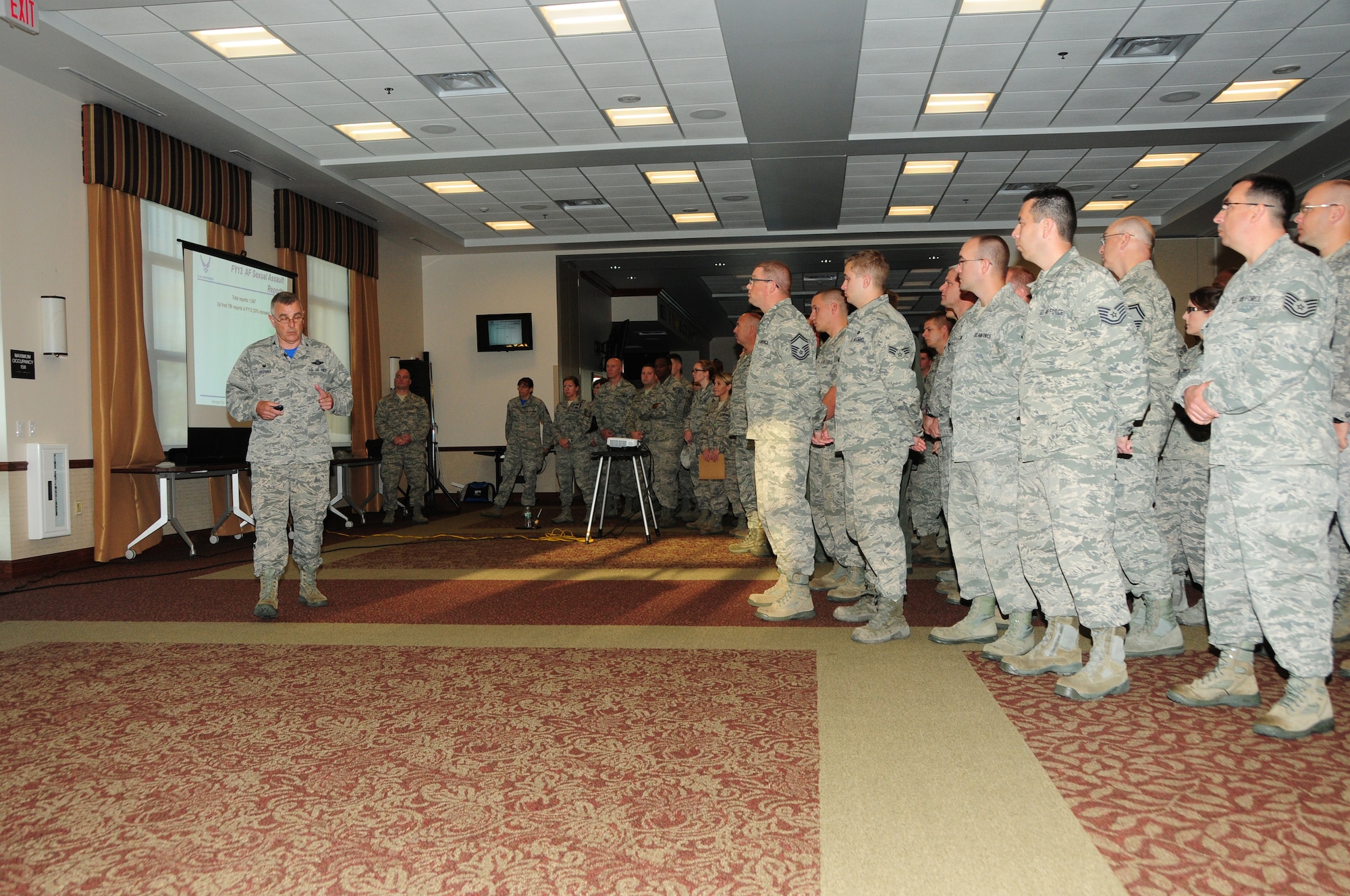 107th Wing Commander Col John J. Higgins addresses the wing to kick off the SAPR awareness day here at the Niagara Falls Reserve Station on Sept,13, 2014. (U.S. Air National Guard Photo/Senior Master Sgt. Ray Lloyd/Released)