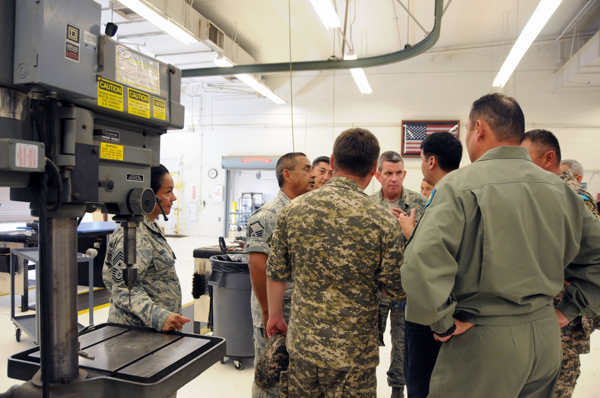 Members of the Kazakhstan military toured the 161st Maintenance Group Sept. 9, 2014. The Arizona Air National Guard welcomed seven members of the Kazakhstan military Sept. 8 through 12, 2014, as part of the National Guard's State Partnership Program. The program is designed as an information exchange with the purpose of fostering mutual interests and long-term relationships. (U.S. Air National Guard photo by 2nd Lt. Susan Gladstein/Released)