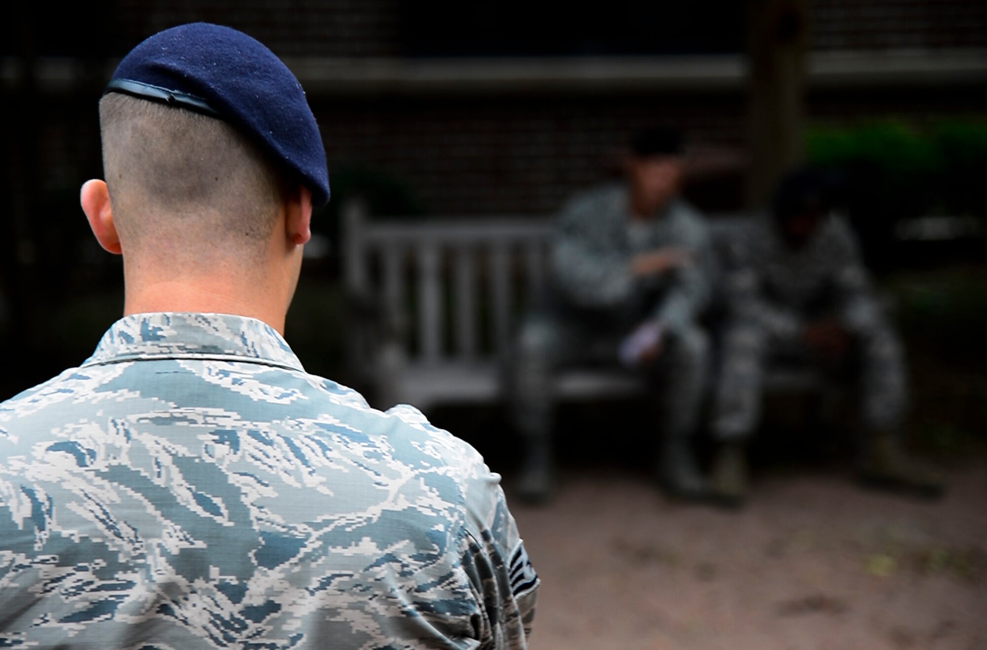 A U.S. Air Force Airman observes a training scenario during Defender’s Edge at Langley Air Force Base, Va., Sept. 12, 2014. DEFED is a training program mandated by Air Combat Command for security forces personnel, which is designed to provide realistic trainings to prepare members mentally and physically for any situation that may arise in a deployed environment or at home installation. (U.S. Air Force photo by Senior Airman Kayla Newman/Released) 