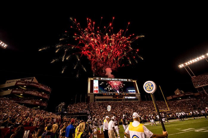 Fireworks are shot off to signify a Gamecocks touchdown during the  University of South Carolina Gamecocks and East Carolina Pirates game at William-Brice Stadium in Columbia, S.C., Sept. 5, 2014. The Gamecocks defeated the Pirates with a score of 33 to 23. (US Air Force photo by Staff Sgt. Corey Hook/released)