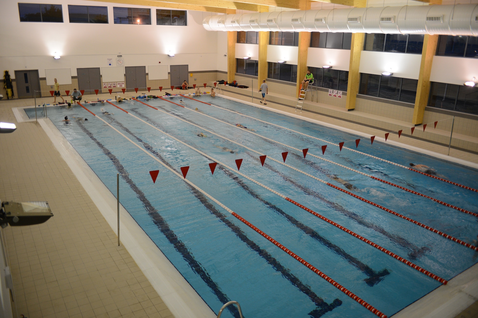 The Lakenheath Barracudas swim team holds practice in an indoor pool at Royal Air Force Honington, England, Sept. 4, 2014. The newly opened facility is available for the swim team to use for their practices and competitions throughout their season. (U.S. Air Force photo by Airman 1st Class Erin O’Shea/Released)