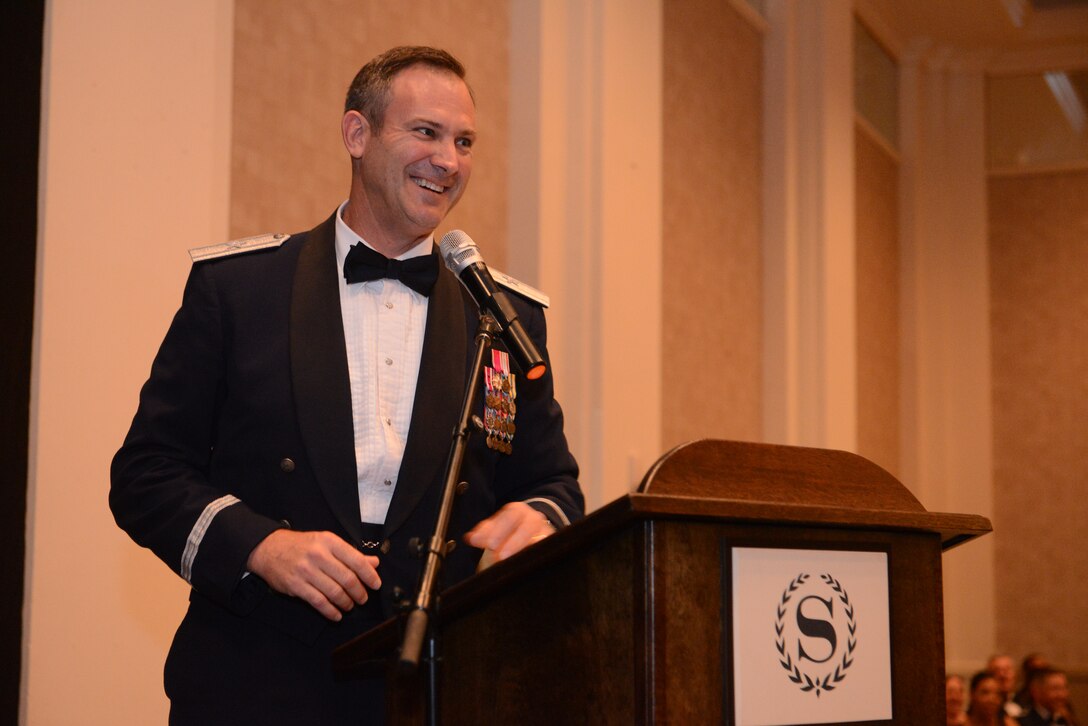 Brig. Gen. Andrew J. Toth is, 36th Wing, Commander delivers a speech at the 67th Annual Air Force Ball, Sept 13, 2014, at The Sheraton Hotel in Tumon, Guam. The Air Force Ball celebrates the creation of the U.S. Air Force as an independent service in 1947, when the Air Force separated from the U.S. Army. (U.S. Air Force Photo by Airman 1st Class Adarius Petty/Released)