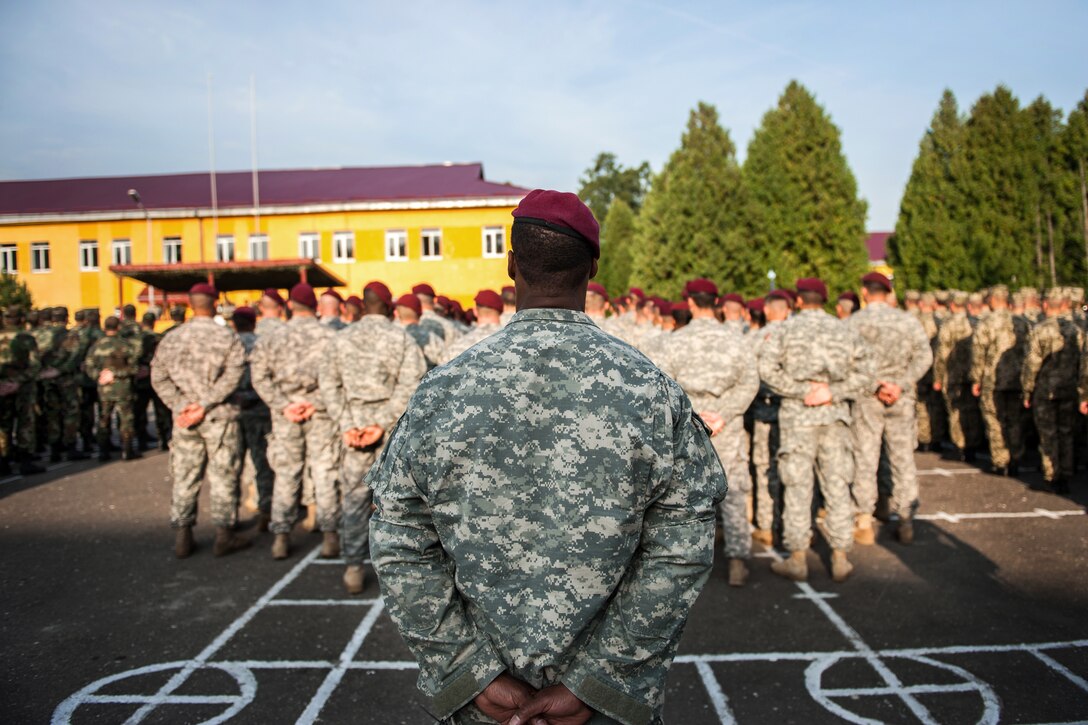 A U.S. soldier stands in formation during Exercise Rapid Trident’s opening ceremony in Yavoriv, Ukraine, Sept. 15, 2014. The annual exercise enhances interoperability with allied and partner nations while promoting regional stability and security. The soldier is assigned to U.S. Army Europe's 173rd Airborne Brigade.