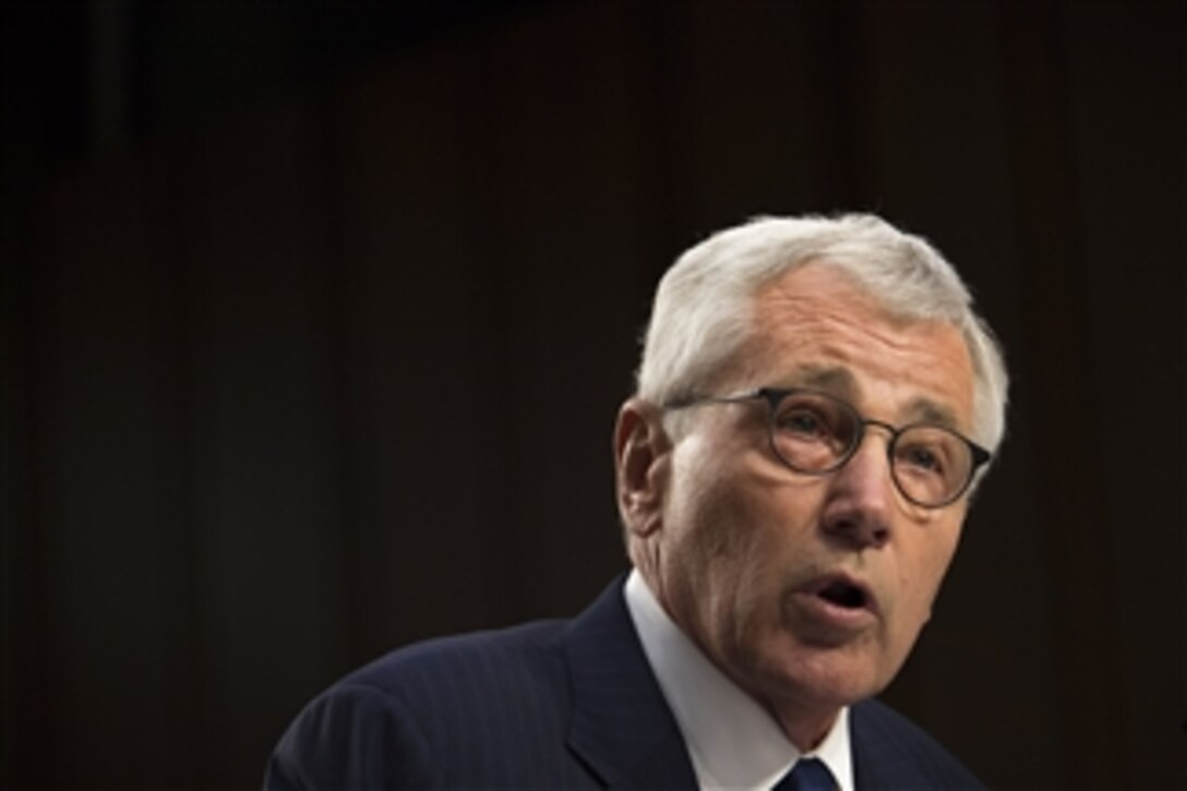 Defense Secretary Chuck Hagel testifies on U.S. policy regarding the threat from the Islamic State of Iraq and the Levant, known as ISIL, before the Senate Armed Services Committee in Washington, D.C., Sept. 16, 2014. 
