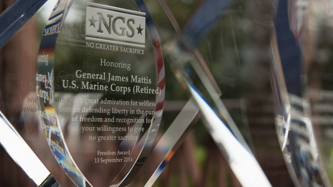 Retired Gen. James Mattis is awarded the Freedom Award at the No Greater Sacrifice 2014 Freedom Award Family Day, Washington D.C., September 13, 2014. The Freedom Award is awarded to a service member who gives in selfless service to their nation. (U.S. Marine Corps photo by Sgt. Melissa Karnath/Released)