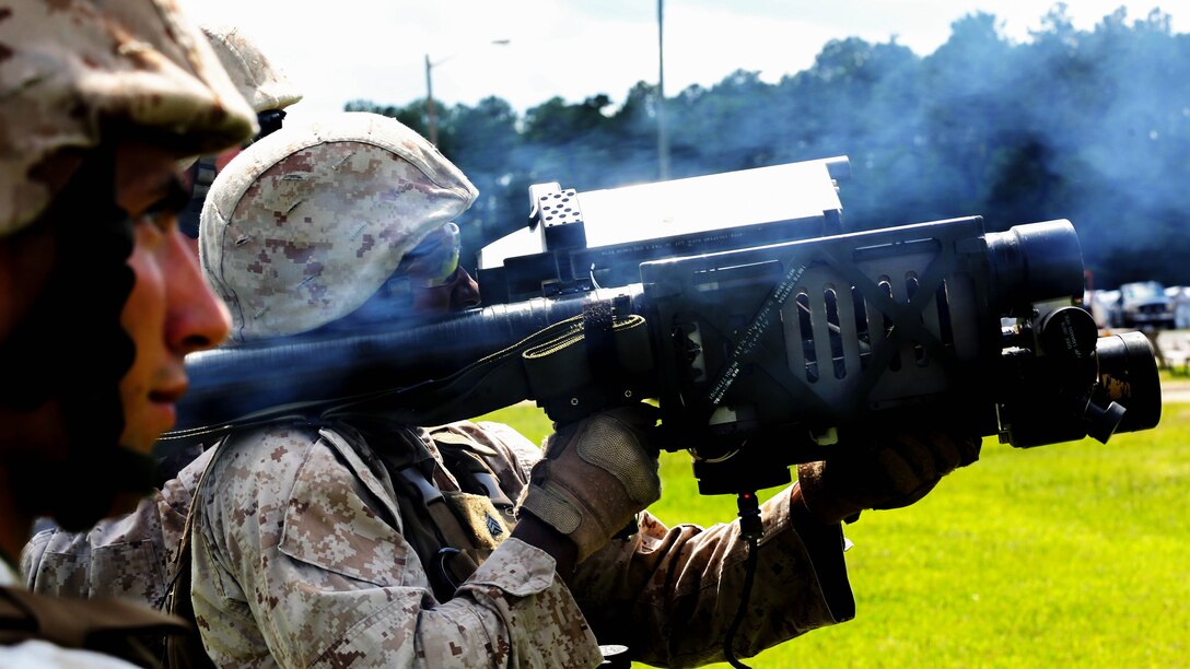 Sgt. Rico L. Rose simulates firing a PL-87 Stinger missile during a 2nd Low Altitude Air Defense Battalion’s section leader course and team leader course at Marine Corps Air Station Cherry Point, N.C., Sept. 11, 2014. Rose is a gunner with the battalion and a native of Appomattox, Va.