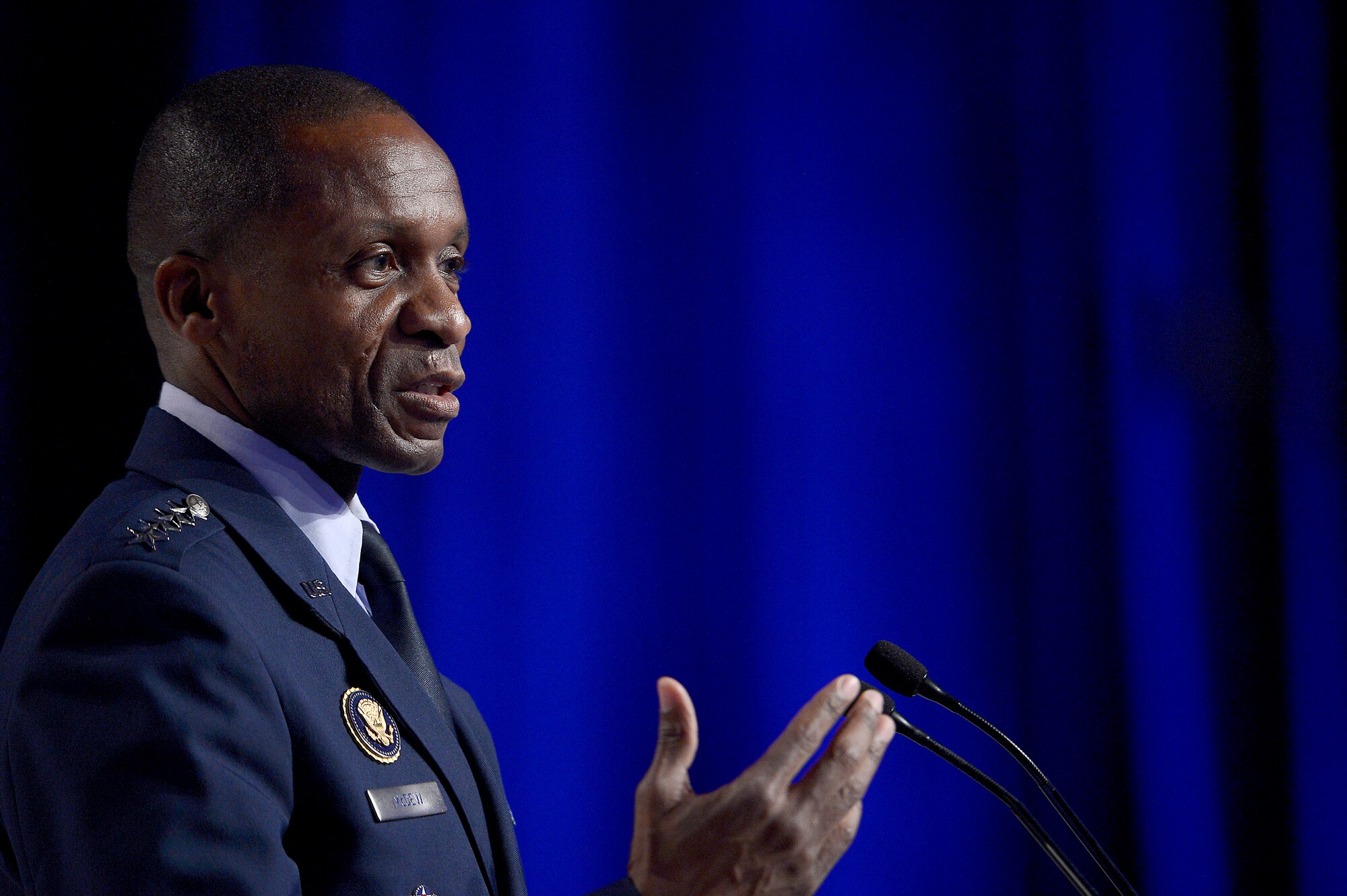 Gen. Darren McDew, the commander of Air Mobility Command, discusses AMC's mission and priorities, as well as ongoing support to operations in Iraq, during Air Force Association's Air and Space Conference and Technology Exposition Sept. 16, 2014 in Washington, D.C.  (U.S. Air Force photo/Scott M. Ash)