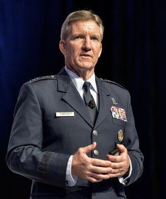 Gen. Hawk Carlisle speaks to an audience at the 2014 Air Force Association's Air & Space Conference and Technology Exposition Sept. 16, 2014, in Washington, D.C. Carlisle gave an update on current Pacific Air Forces strategy to include the need to increase theater security cooperation, integrated air and missle defense, power projection and agile, flexible command and control. Carlisle is the commander of the Pacific Air Forces. (U.S. Air  Force photo/Michael J. Pausic)