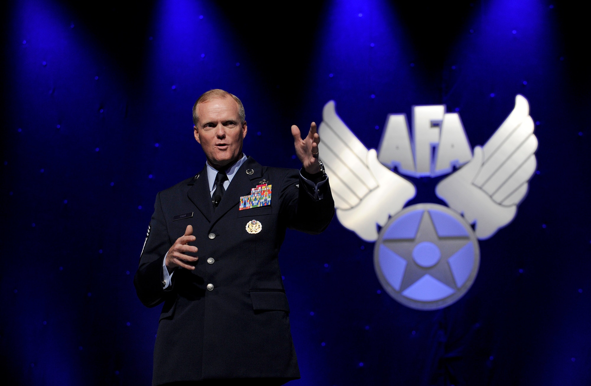 Chief Master Sergeant of the Air Force James A. Cody provides an "Enlisted Perspective" during the 2014 Air Force Association’s Air and Space Conference and Technology Exposition Sept. 16, 2014, in Washington, D.C. Cody focused on the Enlisted Evaluation System, promotions, developing the total force in the coming years, among other issues. (Courtesy photo)