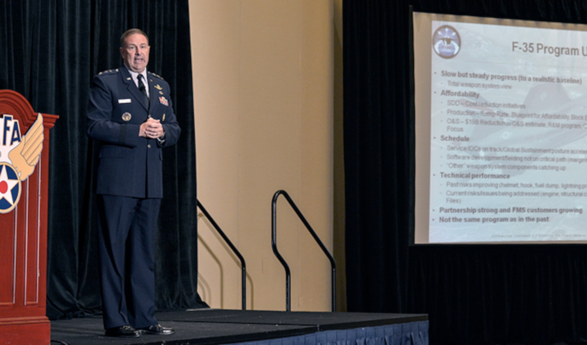 Lt. Gen. Christopher Bogdan addresses an audience about the current state of development and acquisition progress to date concerning the F-35 fighter  at the Sept. 14, 2014, Air Force Association's Air & Space Conference and Technology Exposition in Washington D.C. (U.S. Air  Force photo/Michael J. Pausic)