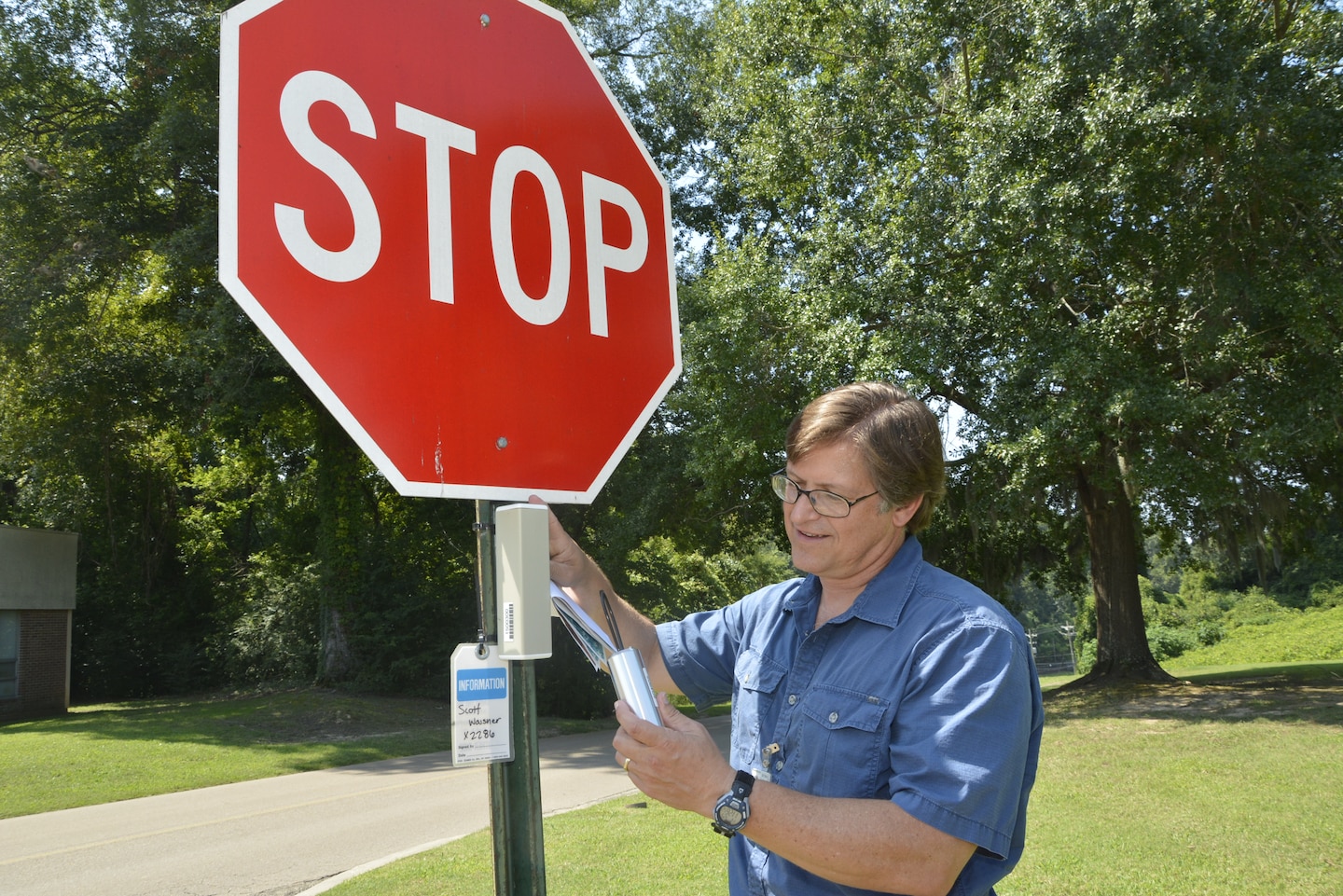 ERDC's water leak detection sensor system is shown by Research Environmental Engineer Scott Waisner.         