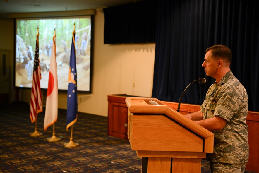 Col. Scott Maskery, 374th Mission Support Group commander, speaks about the importance of POW/MIA Recognition Week during a luncheon at Yokota Air Base, Japan, Sept. 17, 2014. Since World War II, more than 83,000 U.S. service members have endured the struggle of war captivity or gone missing in action. (U.S. Air Force photo by Staff Sgt. Cody H. Ramirez/Released)