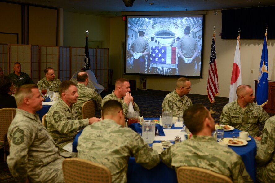 Chief master sergeants sit at the Annual POW/MIA Recognition Luncheon at Yokota Air Base, Japan, Sept. 17, 2014. The luncheon was held to honor those who have endured the struggles of war captivity and those who are still missing in action. (U.S. Air Force photo by Staff Sgt. Cody H. Ramirez/Released)