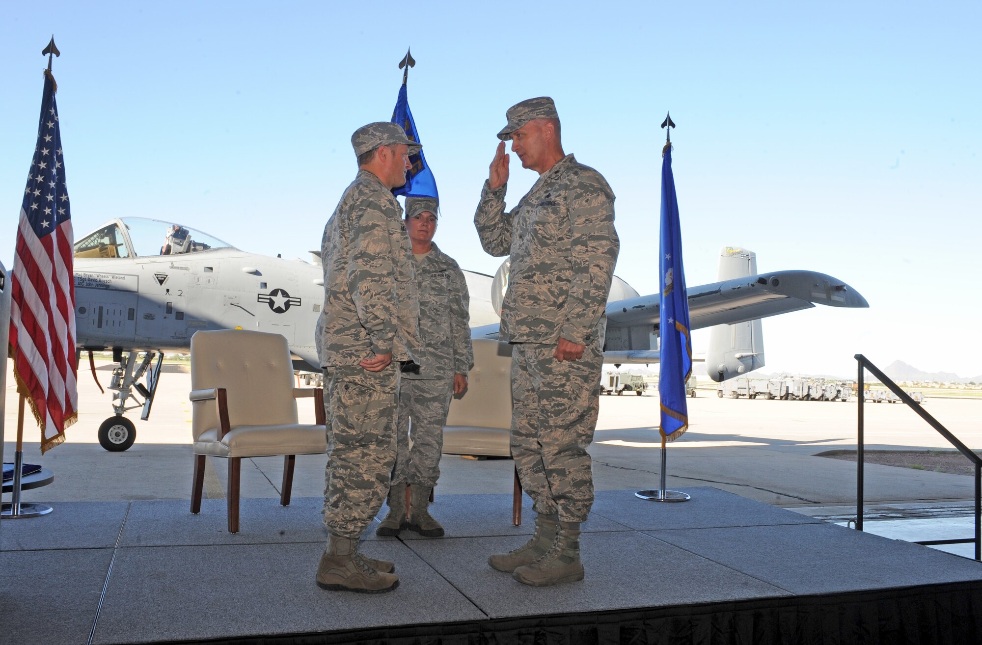 Maj. Collin G. Shelton, 924th Maintenance Group commander, salutes Col. Thomas C. McNurlin, 924th Fighter Group commander, September 14, during the 924th Maintenance Group Assumption of Command ceremony at Davis-Monthan Air Force Base, Ariz. (U.S. Air Force photo taken by Airman First Class Cheyenne Morigeau, 355th Fighter WIng Public Affairs)