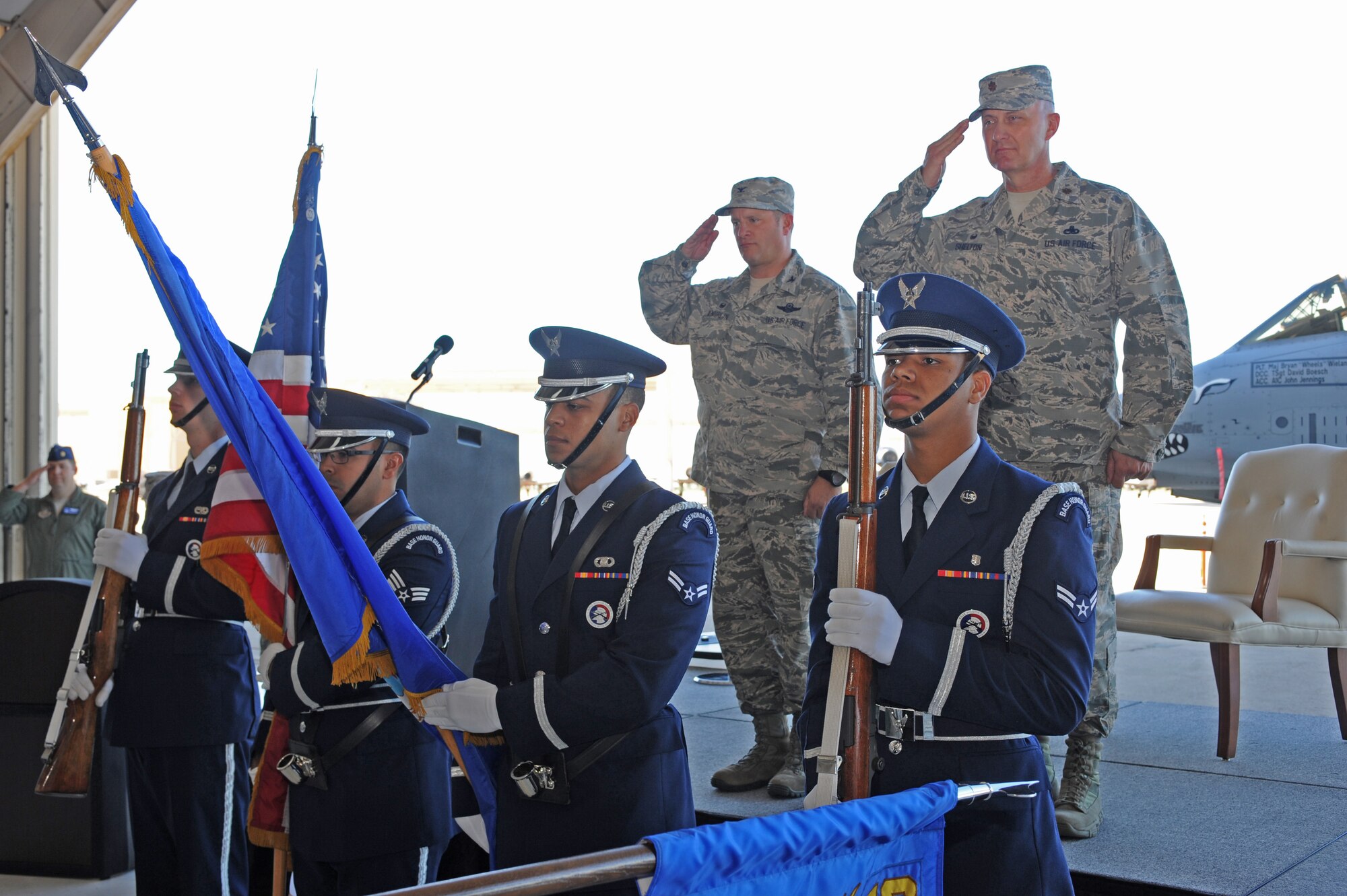 Col. Thomas C. McNurlin, 924th Fighter Group commander and Maj. Collin G. Shelton, 924th Maintenance Group commander, salute the United States flag during the 924th Maintenance Group Assumption of Command ceremony September 14, at Davis-Monthan Air Force Base, Ariz. ((U.S. Air Force photo taken by Airman First Class Cheyenne Morigeau, 355th Fighter WIng Public Affairs))