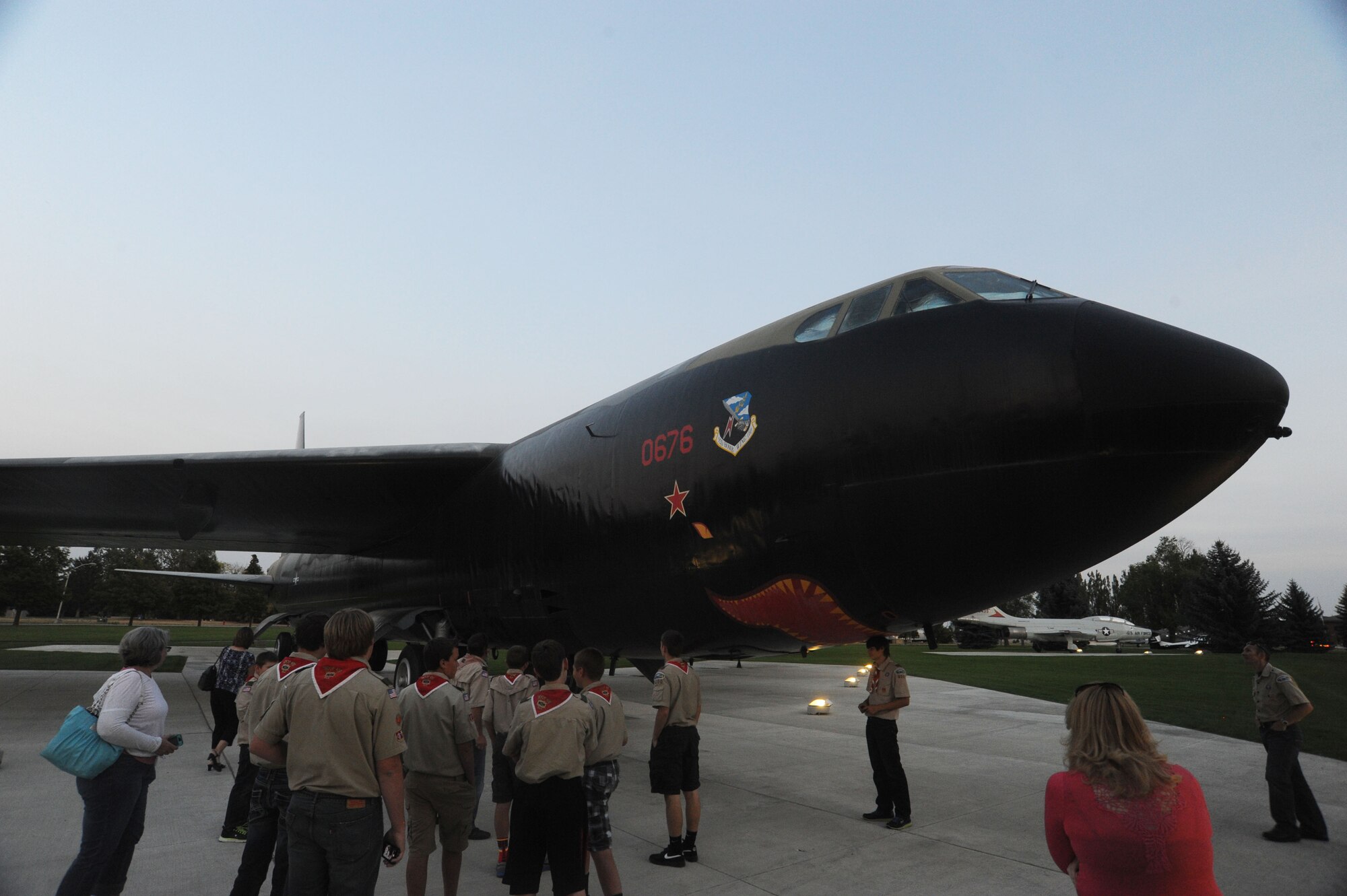 During a base tour, members from Boy Scouts Troop 400 look at the B-52 Stratofortress static display at Fairchild Air Force Base, Washington, Sept. 15, 2014. The scouts went to the base on an after-school tour to gain a greater understanding of the Spokane area. (U.S. Air Force photo by Airman 1st Class Sam Fogleman/Released)