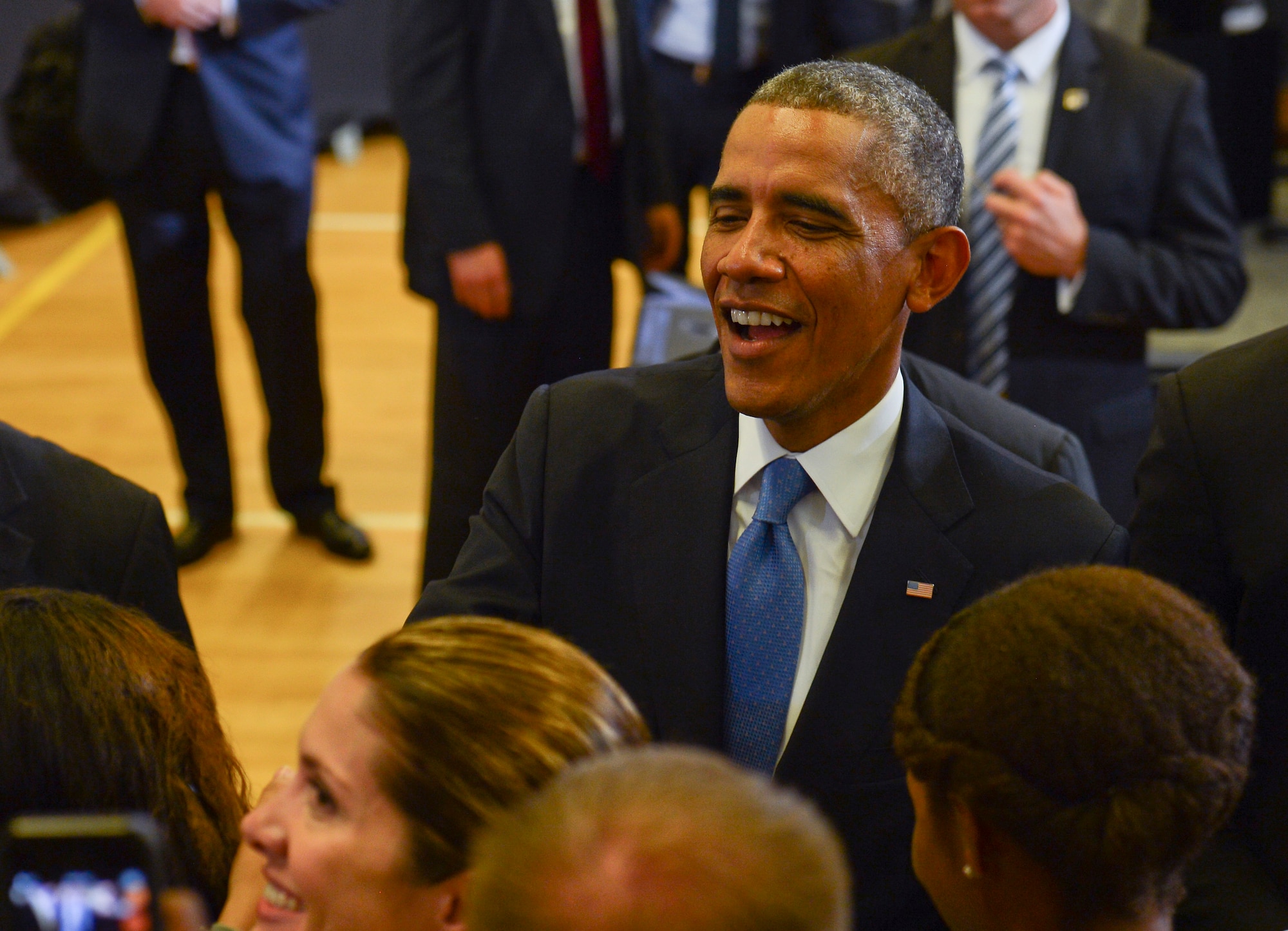 President Barack Obama greets service members following his speech at MacDill Air Force Base, Fla., Sept. 17, 2014. The President thanked the men and women for their service and spoke on how the United States will partner with others in the region to carry out his strategy to degrade and defeat the Islamic State of Iraq and the Levant. (U.S. Air Force photo by Senior Airman Shandresha Mitchell/ Released)