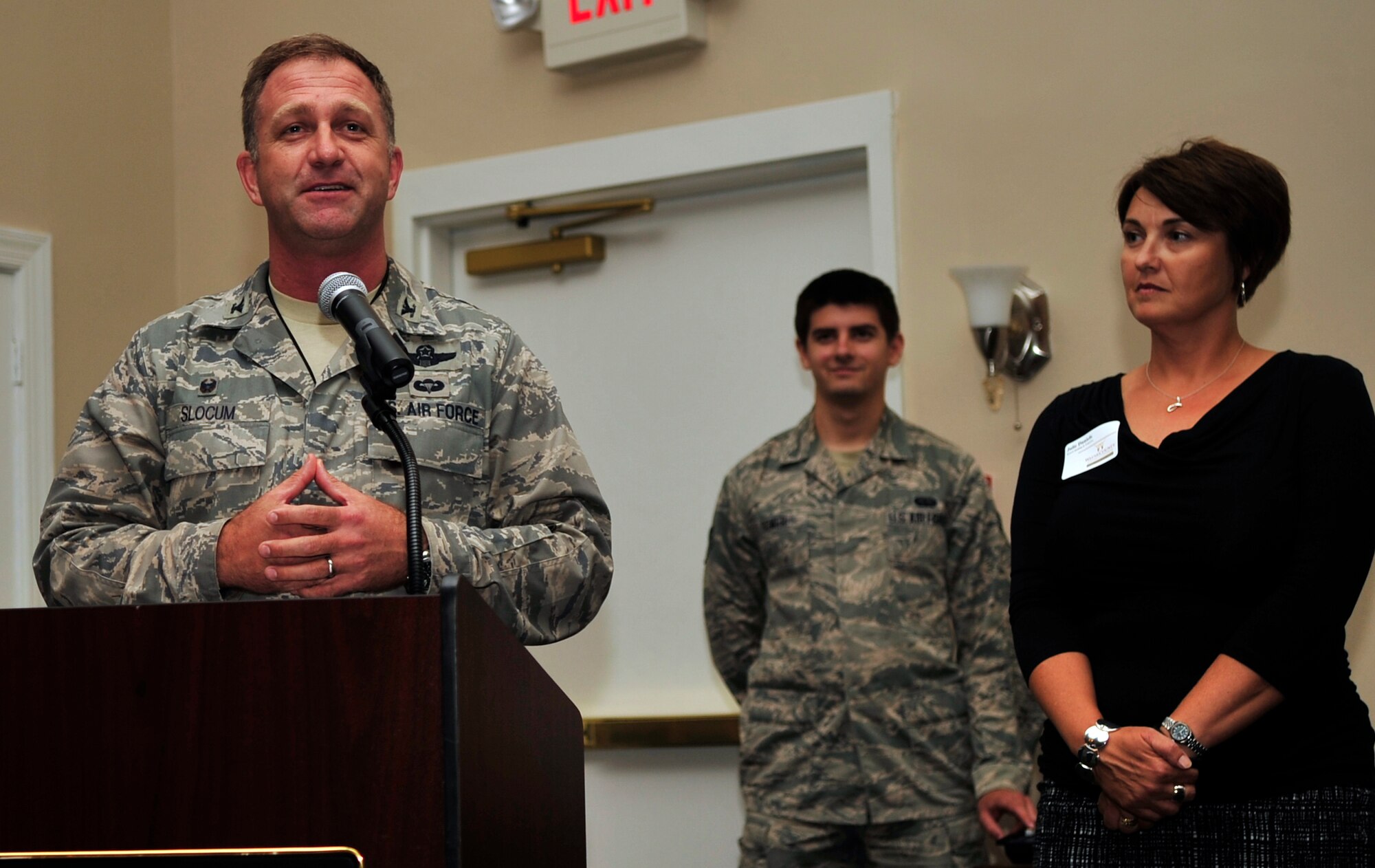 Col. Mark Slocum, 4th Fighter Wing commander, addresses unit commanders and civic leaders during the Seymour Johnson Air Force Base Honorary Commanders induction ceremony Sept. 9. Twenty-seven civic leaders from across the Goldsboro and Wayne County community were inducted as honorary commanders for units on base during the ceremony. The Seymour Johnson AFB Honorary Commanders Program allows community partners and civic leaders to gain awareness of the base’s mission and enables military members and their units to learn more about the neighboring communities. The new honorary commanders are paired with unit commanders and senior leadership from the base. (U.S. Air Force photo/Airman 1st Class Shawna L. Keyes)