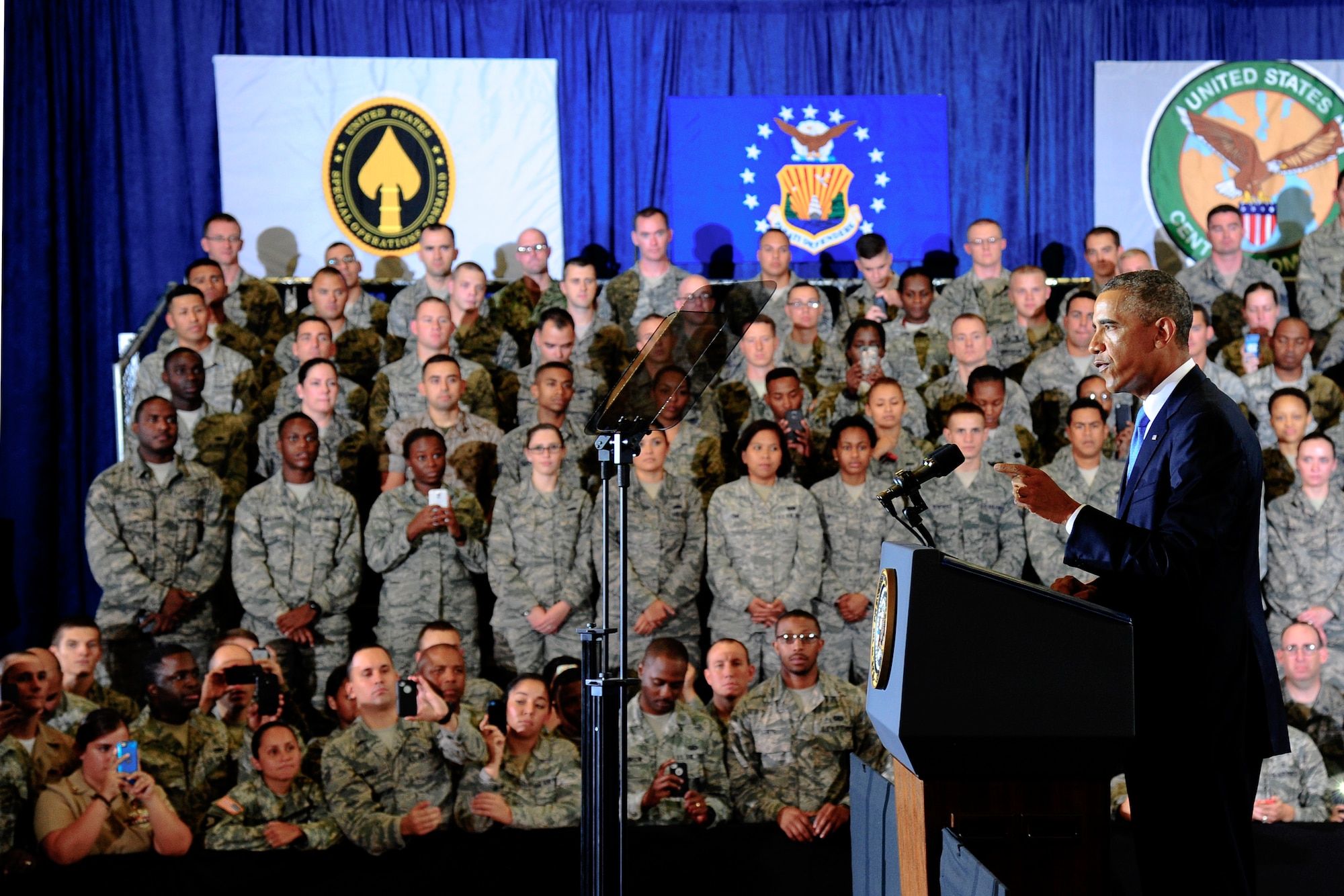 President Barack Obama speaks to members of Team MacDill at the Short Fitness Center on MacDill Air Force Base, Fla, Sept. 17, 2014. The President thanked the men and women for their service and spoke on how the United States will partner with others in the region to carry out his strategy to degrade and defeat the Islamic State of Iraq and the Levant. (U.S. Air Force photo by Senior Airman Shandresha Mitchell/ Released)