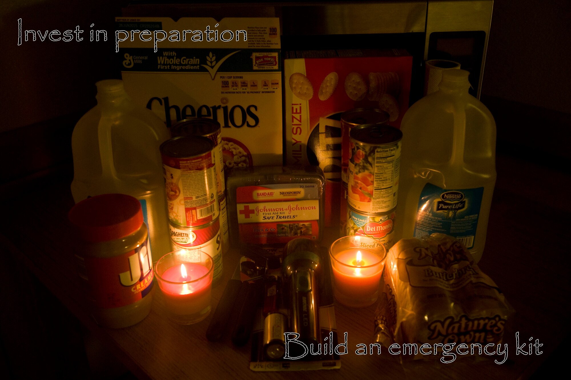 September is National Preparedness Month and it is encouraged for every Airman to be prepared before disaster strikes. A critical part of being prepared is having a basic emergency supply kit on hand in the event an unforeseen incident takes place. According to Ready.gov, a basic emergency supply kit includes water, non-perishable food, a battery-powered radio, flashlight with batteries, first-aid kit, can opener, any needed medications, and any additional items the specific household may need. It is also crucial to place the supplies together and keep them fresh, so they are safe to use when needed. Since disasters can strike at any time or place it is imperative to have an emergency kit at home, work and in vehicles. Investing in preparation could be the key in staying safe during a disaster. The appearance of products in this image does not constitute any federal endorsement. (U.S. Air Force photo illustration by Airman 1st Class Mikaley Towle)