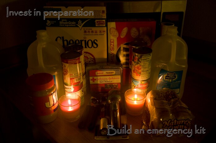 September is National Preparedness Month and it is encouraged for every Airman to be prepared before disaster strikes. A critical part of being prepared is having a basic emergency supply kit on hand in the event an unforeseen incident takes place. According to Ready.gov, a basic emergency supply kit includes water, non-perishable food, a battery-powered radio, flashlight with batteries, first-aid kit, can opener, any needed medications, and any additional items the specific household may need. It is also crucial to place the supplies together and keep them fresh, so they are safe to use when needed. Since disasters can strike at any time or place it is imperative to have an emergency kit at home, work and in vehicles. Investing in preparation could be the key in staying safe during a disaster. The appearance of products in this image does not constitute any federal endorsement. (U.S. Air Force photo illustration by Airman 1st Class Mikaley Towle)