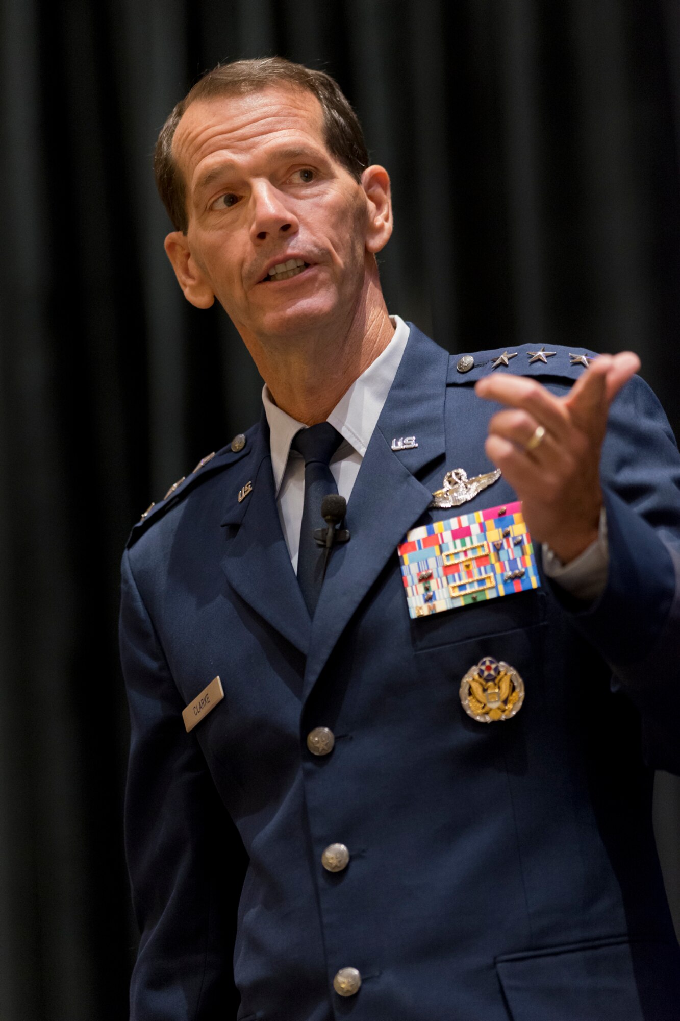 Lt. Gen. Stanley E. Clarke III, director of the Air National Guard addresses an audience during the Air National Guard update at the Air Force Association’s Air and Space Conference and Technology Exposition September 15, 2014 in National Harbor, Maryland. Clarke highlighted the ANG’s involvement in domestic operations and recognized several ANG Airmen and units for exemplary service during recent combat operations. (Air National Guard photo by Master Sgt. Marvin R. Preston/Released)