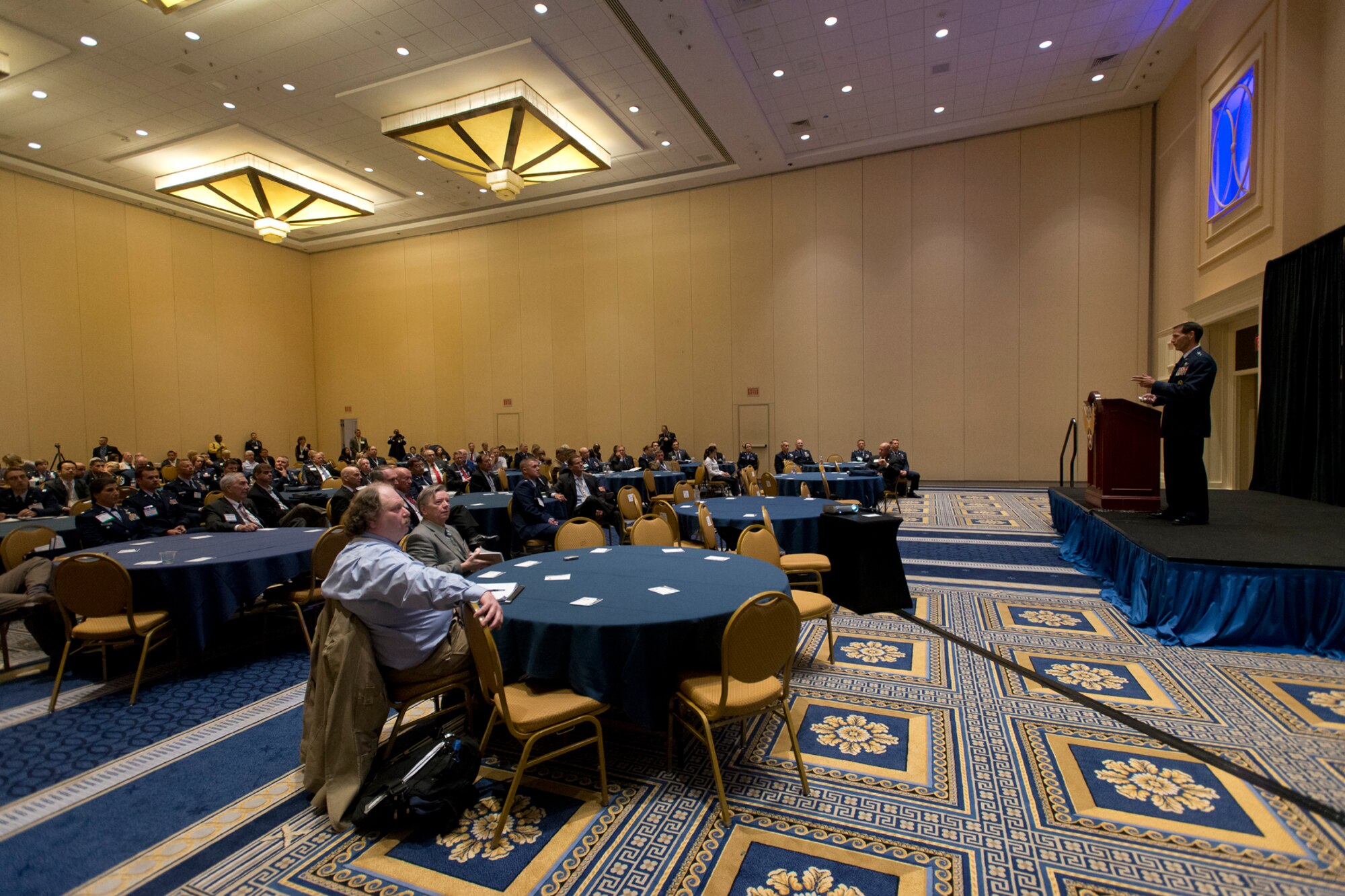 Lt. Gen. Stanley E. Clarke III, director of the Air National Guard addresses an audience during the Air National Guard update at the Air Force Association’s Air and Space Conference and Technology Exposition September 15, 2014 in National Harbor, Maryland. Clarke highlighted the ANG’s involvement in domestic operations and recognized several ANG Airmen and units for exemplary service during recent combat operations. (Air National Guard photo by Master Sgt. Marvin R. Preston/Released)