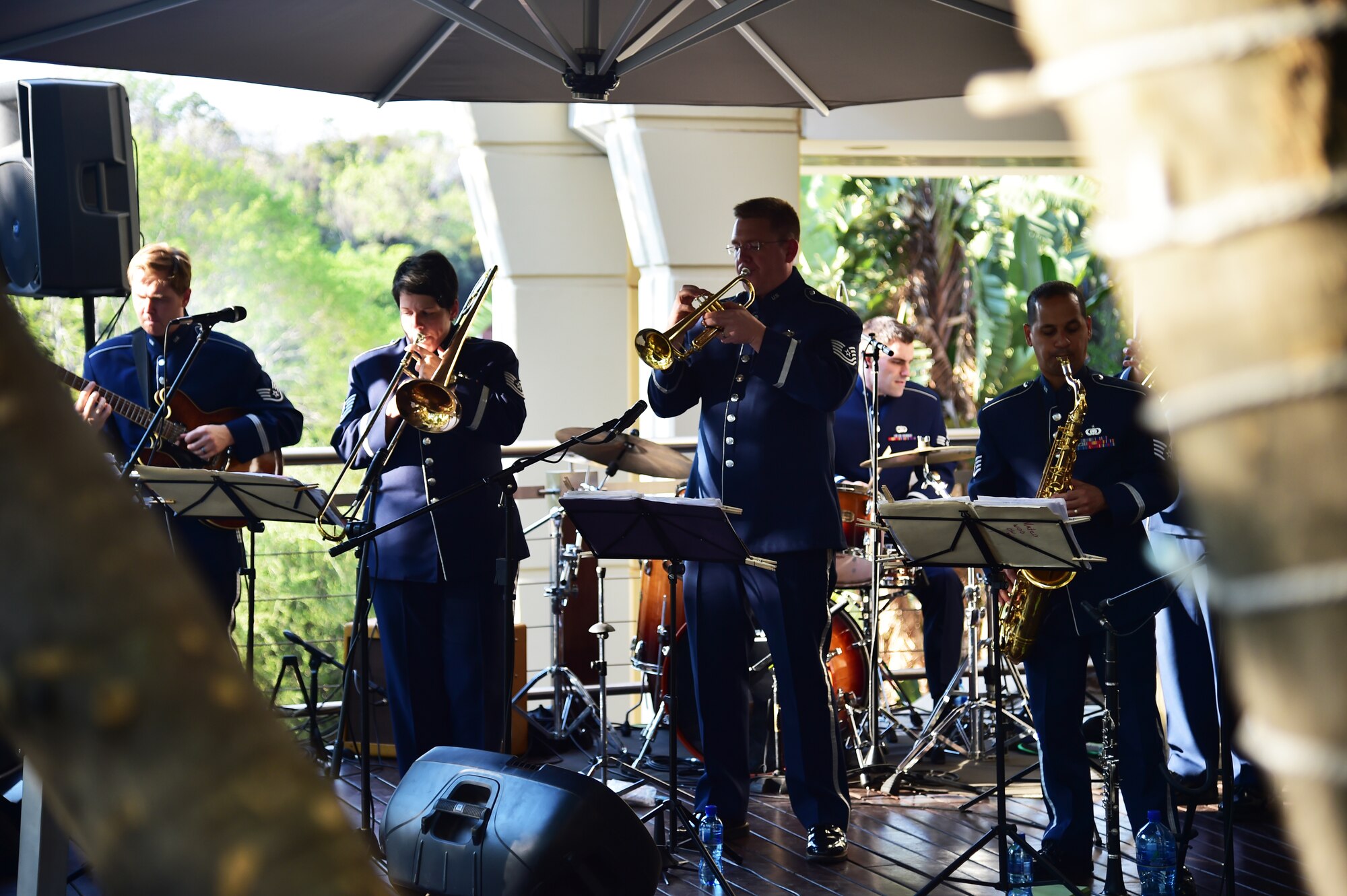 U.S. Air Forces in Europe’s Wings of Dixie jazz band plays music during the U.S, South Africa Border Surveillance Technology Cooperation Symposium Sept.16, 2014, in Pretoria, South Africa. The band played two hours of music during the symposium and is scheduled to play many events while in South Africa in support of the Africa Aerospace and Defence Expo 2014. (U.S. Air Force photo/Staff Sgt. Travis Edwards)