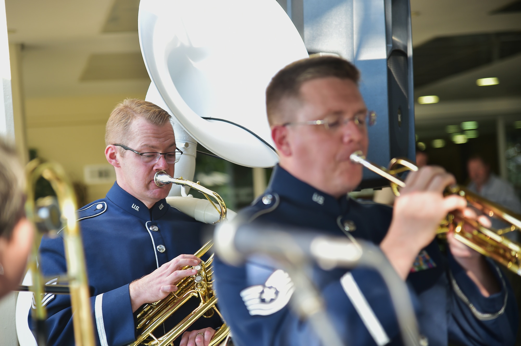 U.S. Air Forces in Europe’s Wings of Dixie jazz band sousaphonist Tech. Sgt. Christopher Moore and trumpeter Tech Sgt. Jeffery Reich play during the U.S, South Africa Border Surveillance Technology Cooperation Symposium Sept.16, 2014, in Pretoria, South Africa. The jazz band played two hours of music during the symposium and is scheduled to play many events while in South Africa in support of the Africa Aerospace and Defence Expo 2014. (U.S. Air Force photo/Staff Sgt. Travis Edwards)