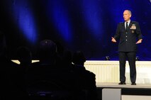 Washington (AFNS) -- Gen. Mike Hostage, commander of Air Combat Command, speaks to the audience on the importance of maintaining combat capabilities with minimal resources during the Air Force Association's 2014 Air and Space Conference at the Gaylord National Convention Center in Washington, D.C., Sept. 16, 2014. Hostage is responsible for organizing, training and equipping combat-ready Airmen for peacetime and wartime defense. (U.S. Air Force photo by Staff Sgt. Matt Davis)