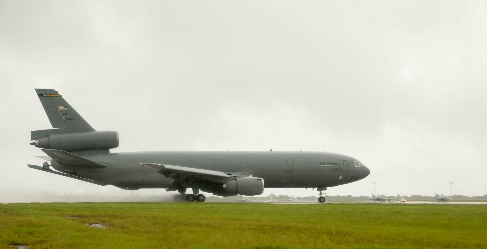 A U.S. Air Force KC-10 Extender air refueling aircraft with the 305th Air Mobility Wing, Air Mobility Command, speeds down the Andersen Air Force Base, Guam, flightline as Valiant Shield begins. Valiant Shield is a biennial exercise in which participating forces will focus on the integration of joint training among U.S. forces. (U.S. Marine Corps photo by Cpl. Lena Wakayama/Released)