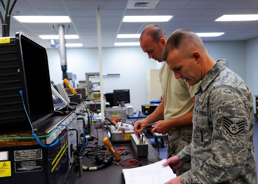 Staff Sgt. Justin Kinder, right, 341st Maintenance Operations Squadron electronics laboratory team chief, reads technical orders as Staff Sgt. Nick Buck, 341st MOS ELAB team member, connects a decade resistor to a guidance and control chiller test set during a training session at Malmstrom Air Force Base Aug. 25. To be fully prepared for the 2014 Global Strike Challenge, the duo practices every step of the procedure they will be tested on during the competition. (U.S. Air Force photo/Airman 1st Class Collin Schmidt) 