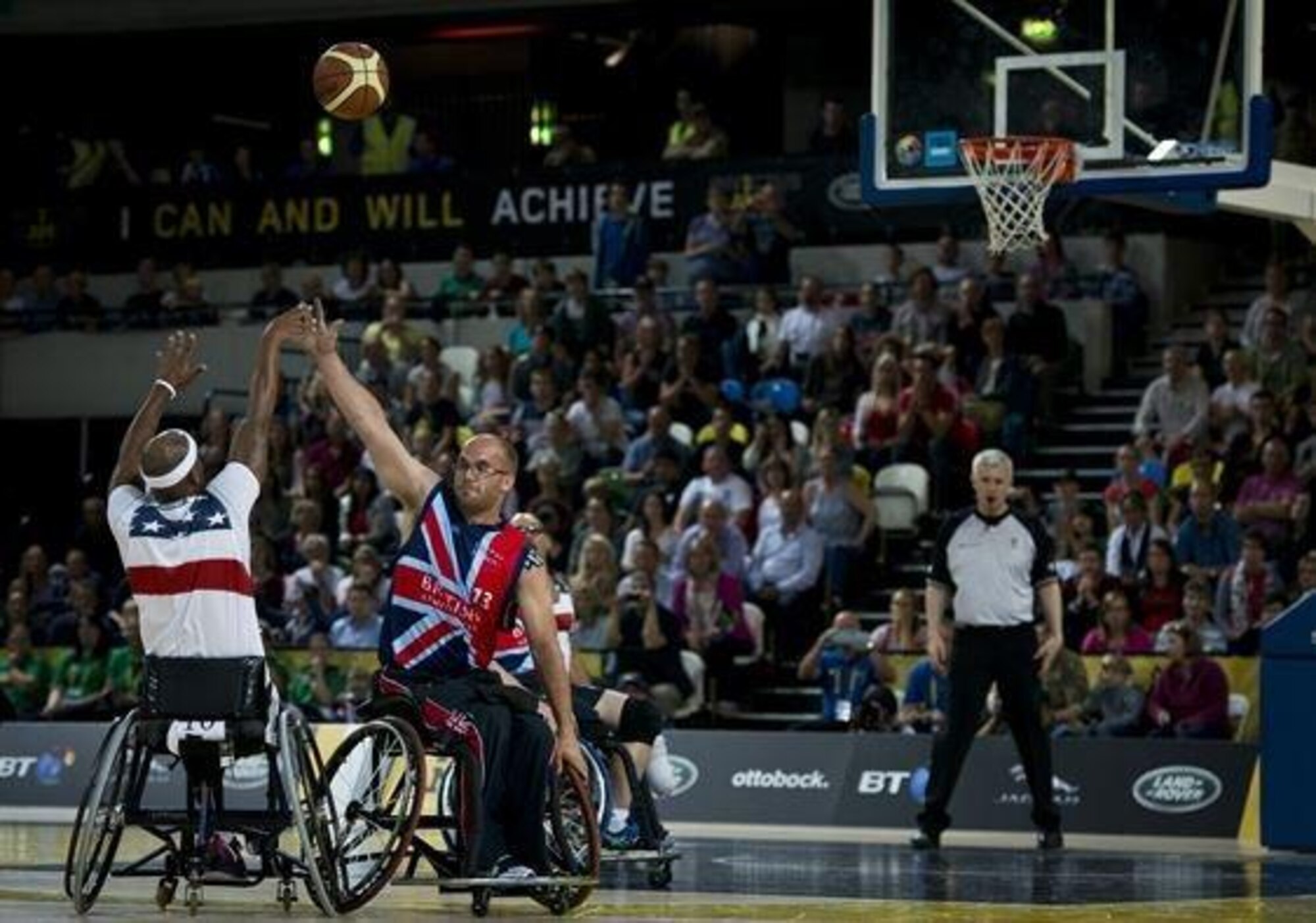 The U.S. fought hard in the wheelchair basketball finals, but fell 19-9 to Great Britain to take silver at the inaugural Invictus Games Sept. 13, in London. The Invictus Games featured athletes competing in various Paralympic-style events, including swimming, track and field, seated volleyball, wheelchair basketball, and wheelchair rugby, among others. (Courtesy photo)
